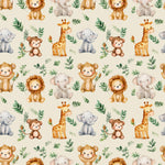 Safari animals nursery fabric flat lay view