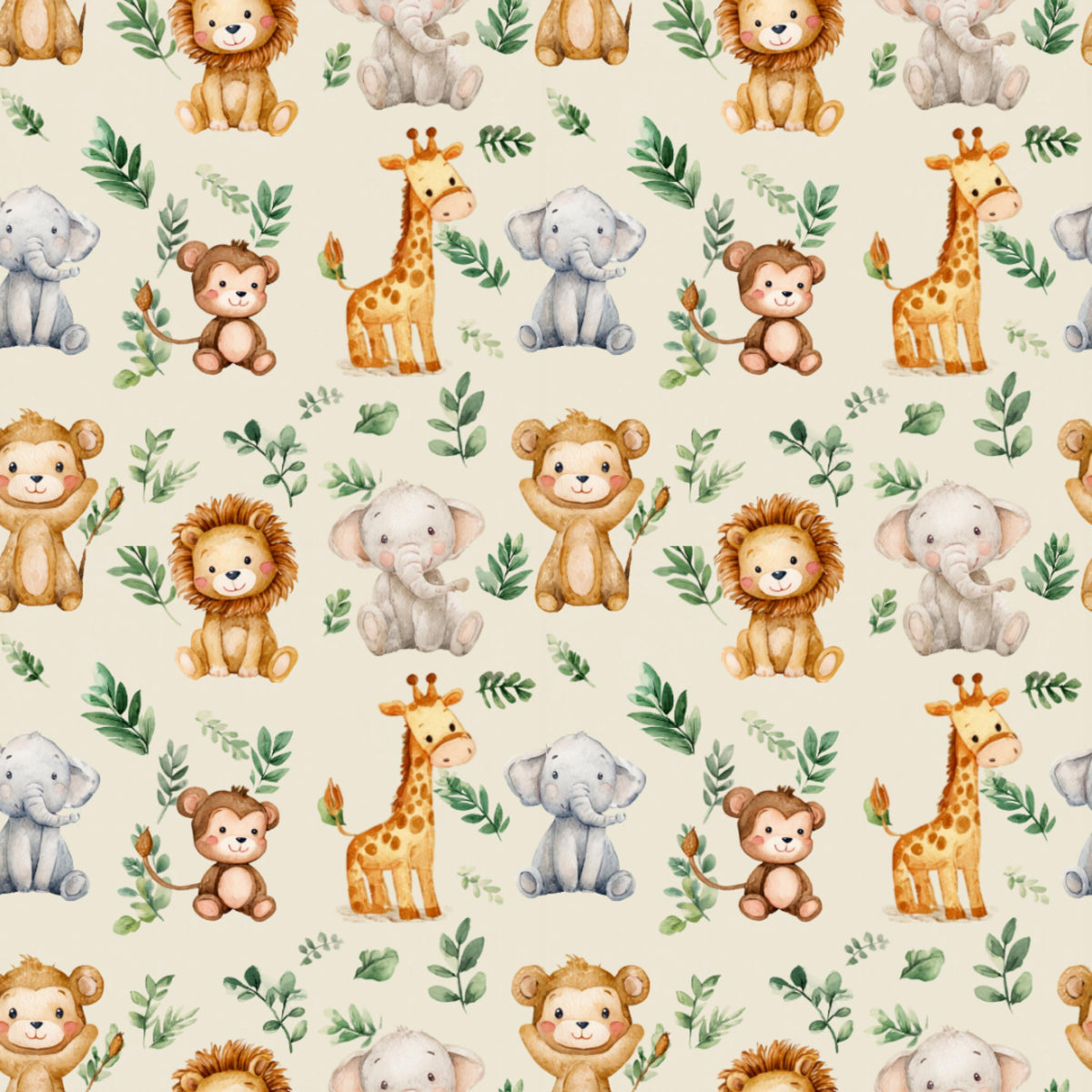 Safari animals nursery fabric flat lay view