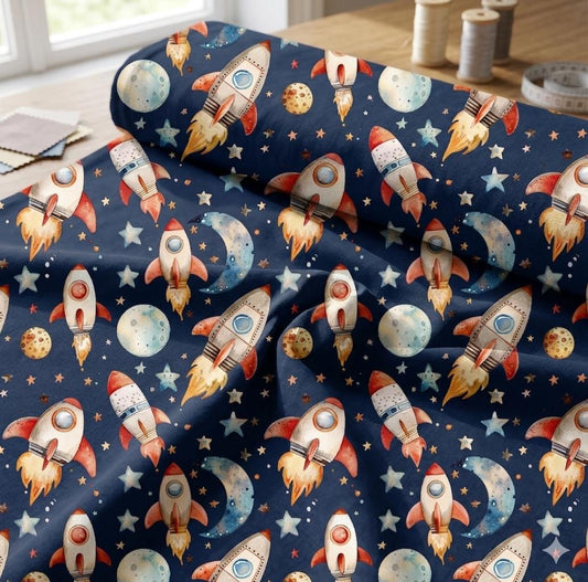 Outer space rocket galaxy nursery fabric