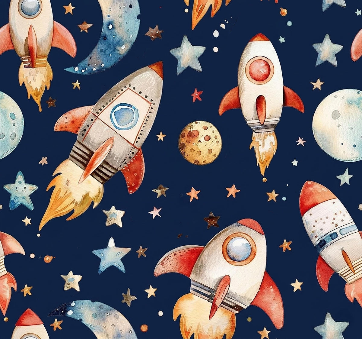 Outer space rocket galaxy nursery fabric close-up texture detail