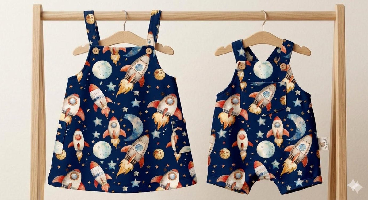 Outer space rocket galaxy nursery fabric draped view