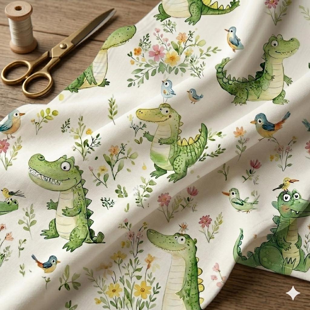 Watercolor baby crocodile nursery fabric draped view