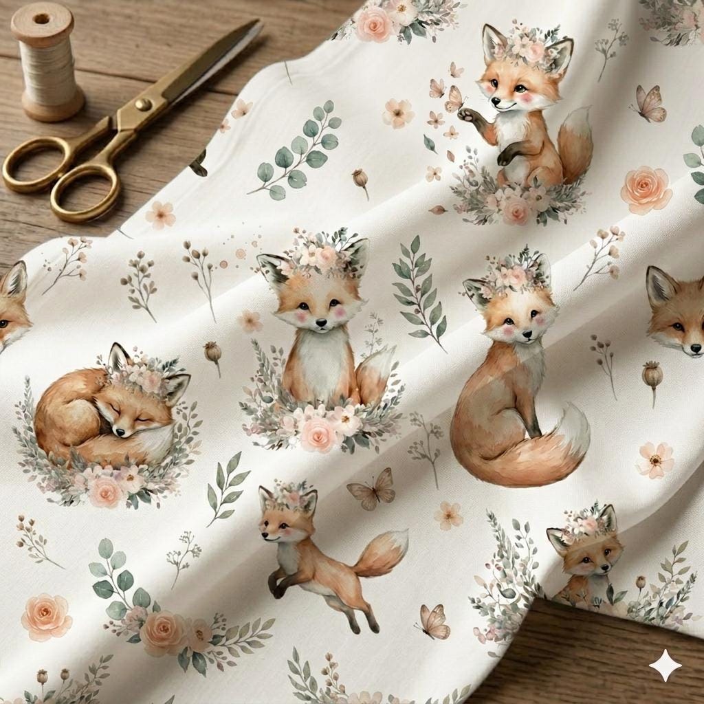 Baby fox and crocodile nursery fabric close-up texture detail
