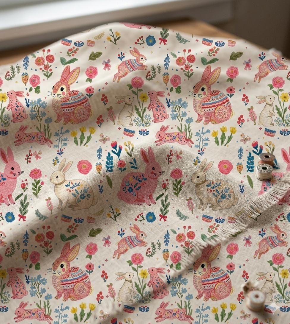 Pink rabbit nursery fabric close-up texture detail