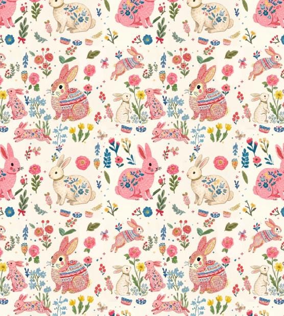 Pink rabbit nursery fabric flat lay view