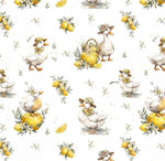 Watercolor ducks nursery fabric close-up texture detail