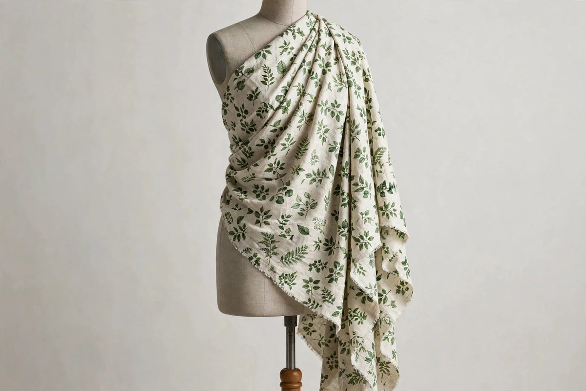 Leaf Print Linen — Draped view