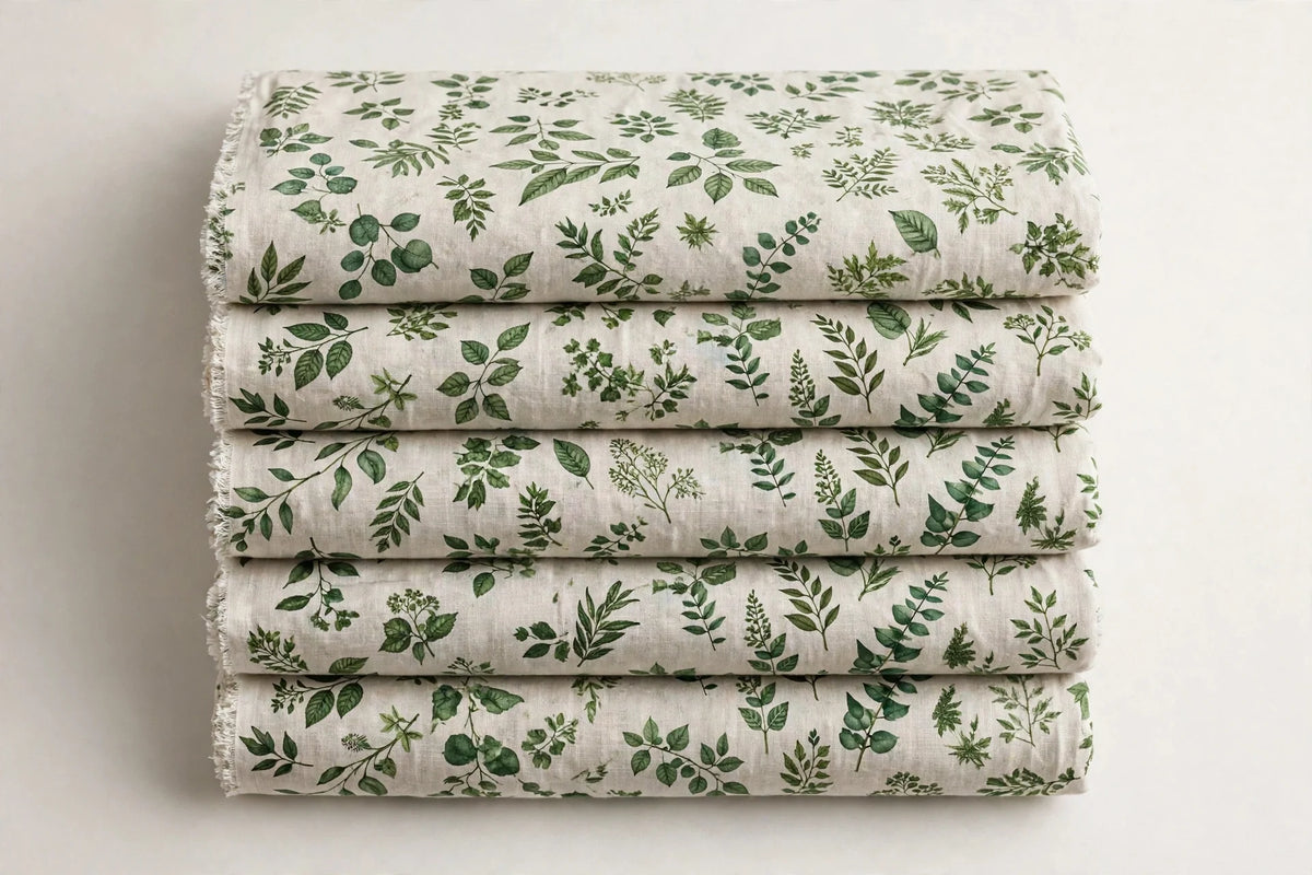 Leaf Print Linen — Folded stack view