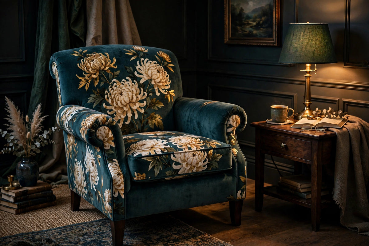 Teal Chrysanthemum Velvet on sofa