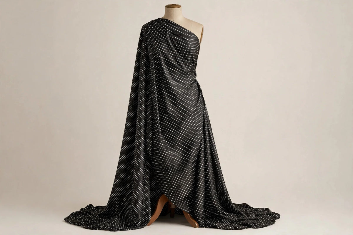 Midnight Polka Dot Satin — Draped view