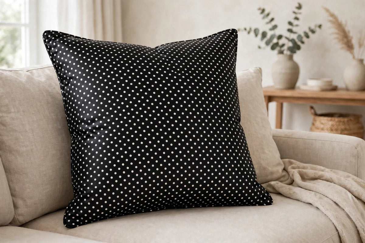 Midnight Polka Dot Satin — Lifestyle cushion view