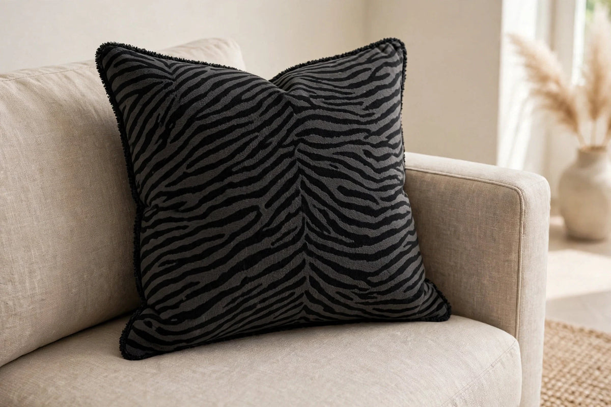 Midnight Zebra French Terry — Lifestyle cushion view