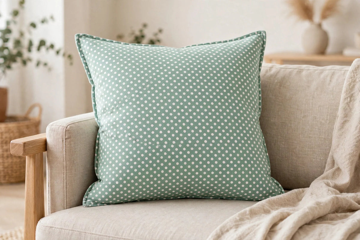 Mint Polka Dot Cotton — Lifestyle cushion view