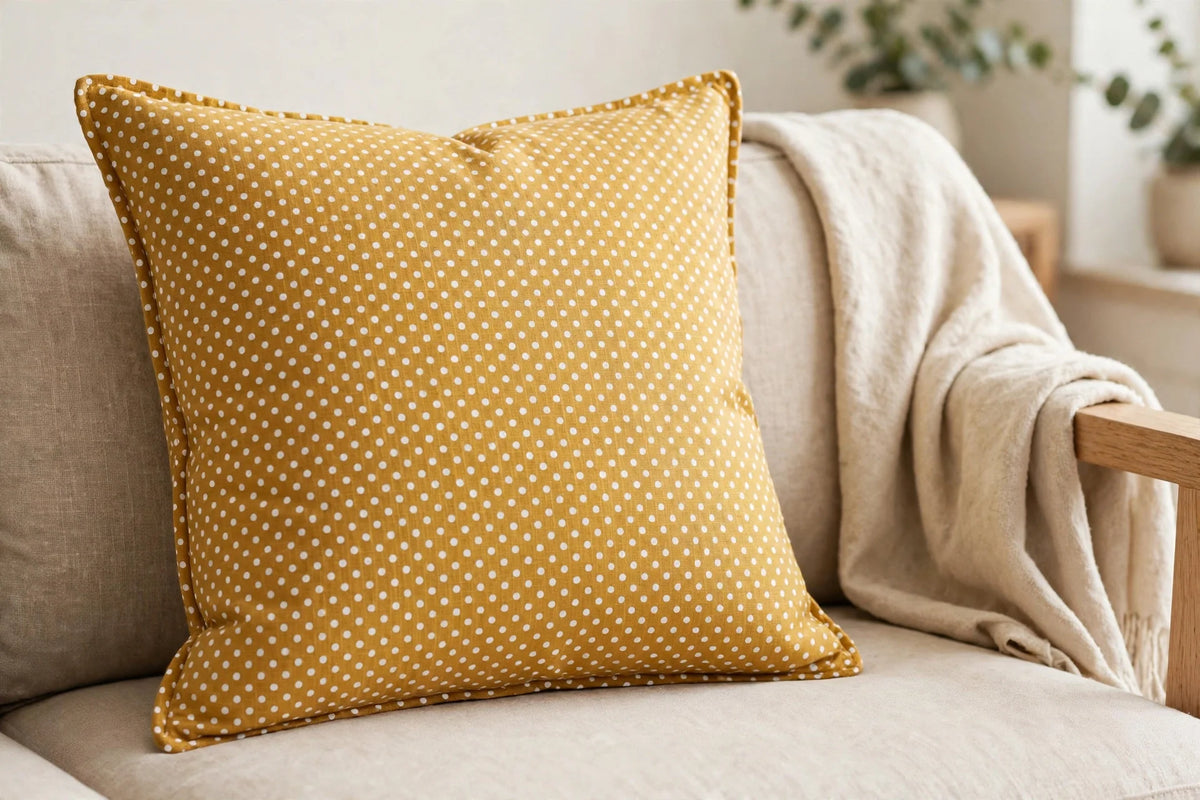 Mustard Polka Dot Cotton — Lifestyle cushion view