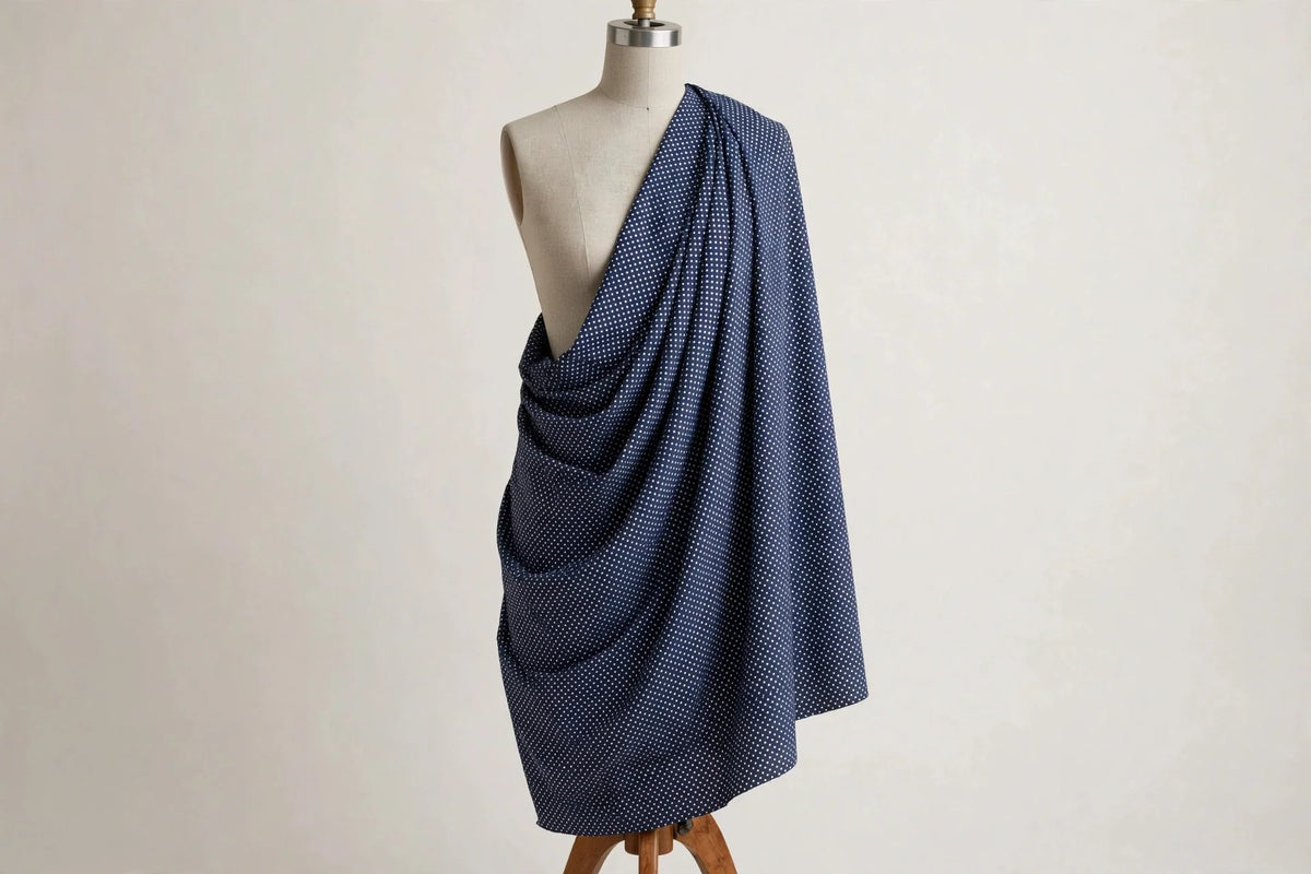 Navy Polka Dot Cotton — Draped view