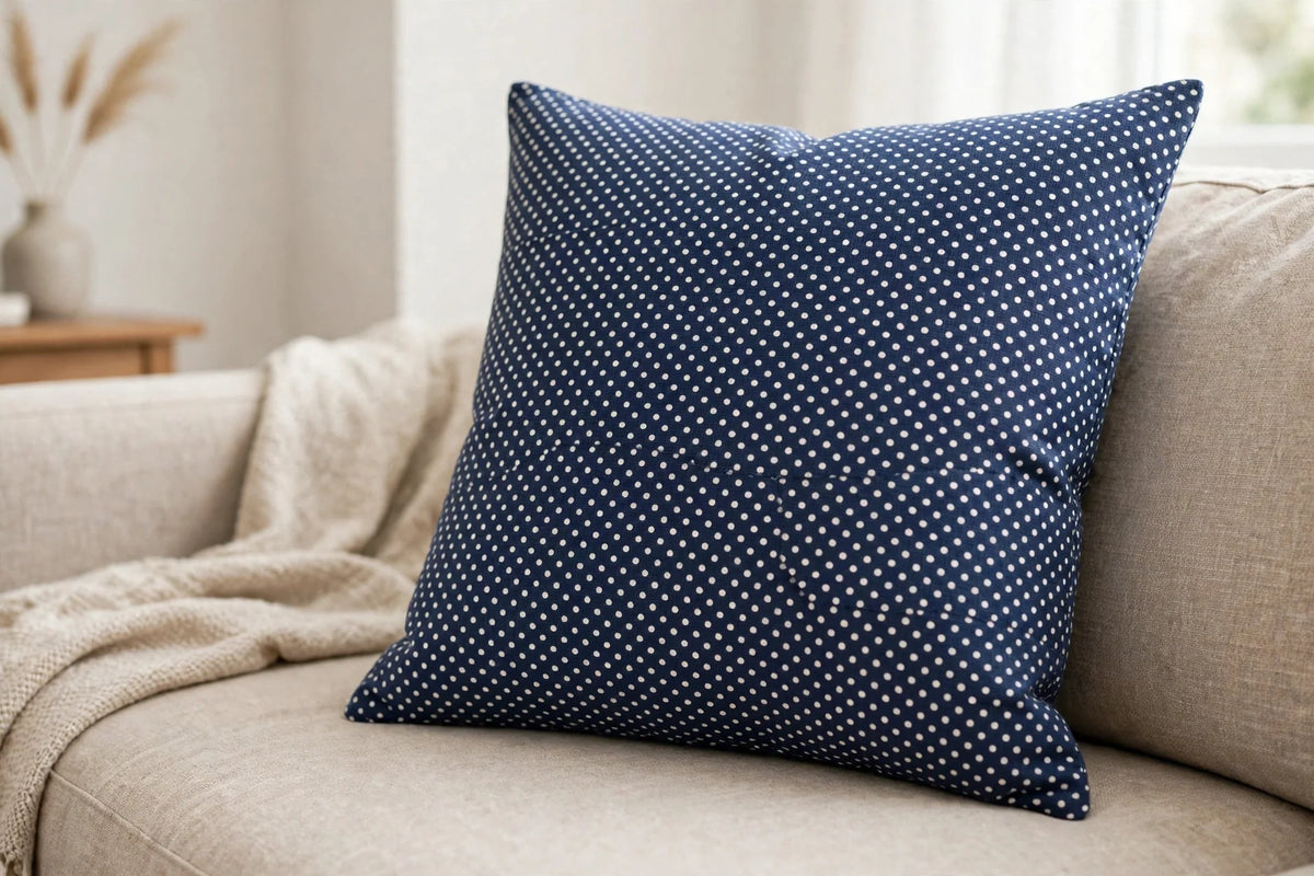 Navy Polka Dot Cotton — Lifestyle cushion view