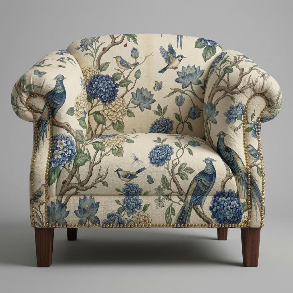 Blue Bird Botanical upholstery fabric on chair