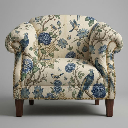 Blue Bird Botanical upholstery fabric on chair