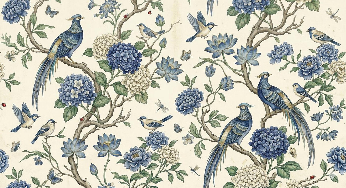 Blue Bird Botanical blossoms and birds close-up