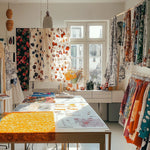 Blue Bird Botanical fabric in studio