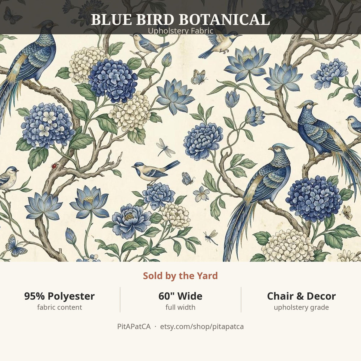 Blue Bird Botanical label card - 95% polyester, 60 inch wide