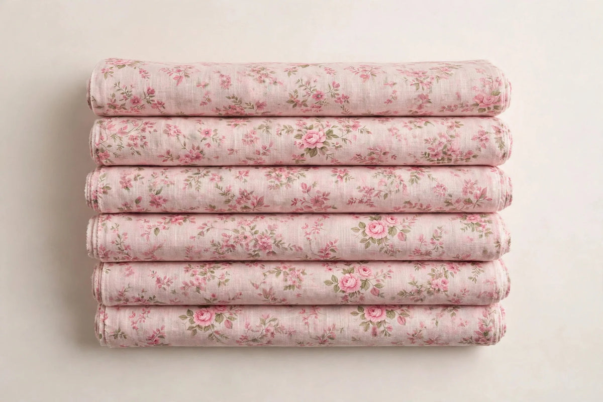 Pink Floral Linen — Folded stack view