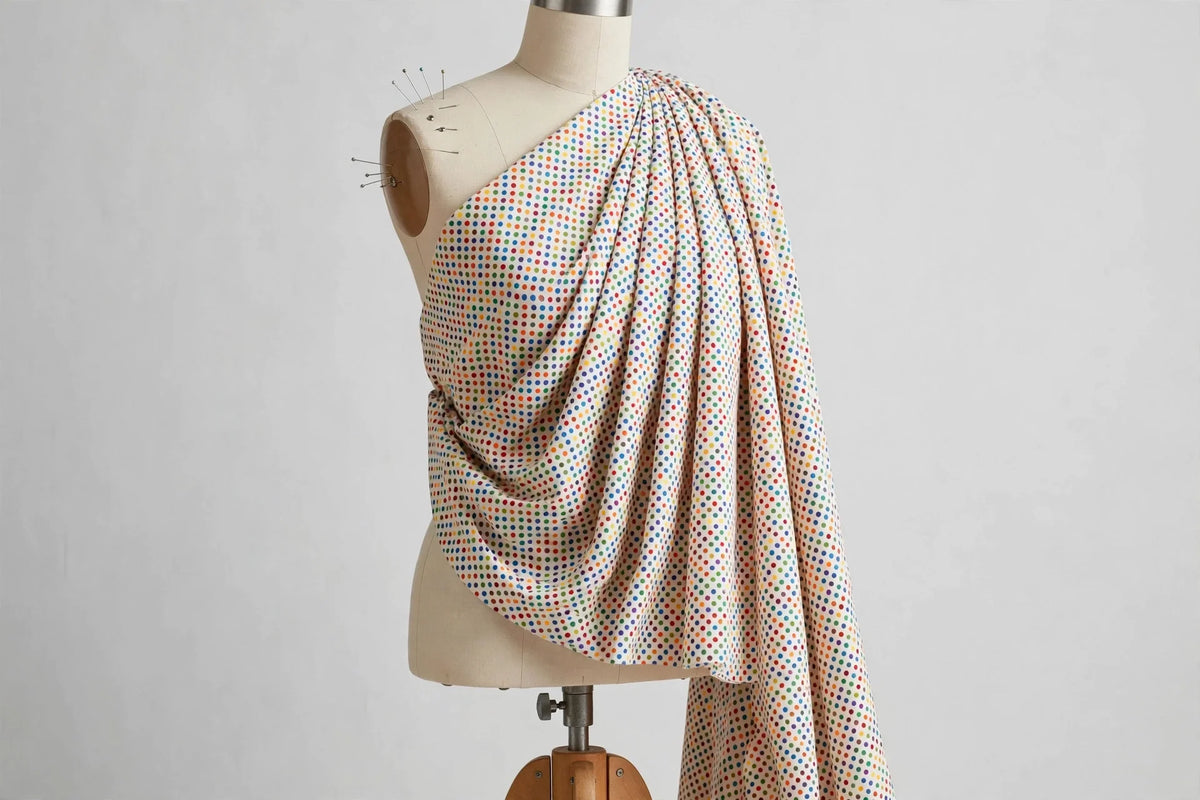 Rainbow Polka Dot Cotton — Draped view