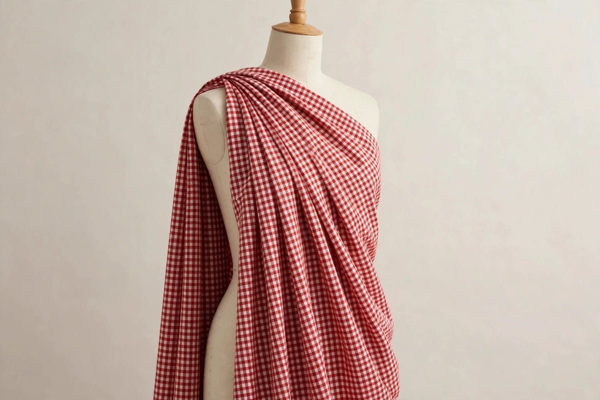 Red Gingham Cotton — Draped view