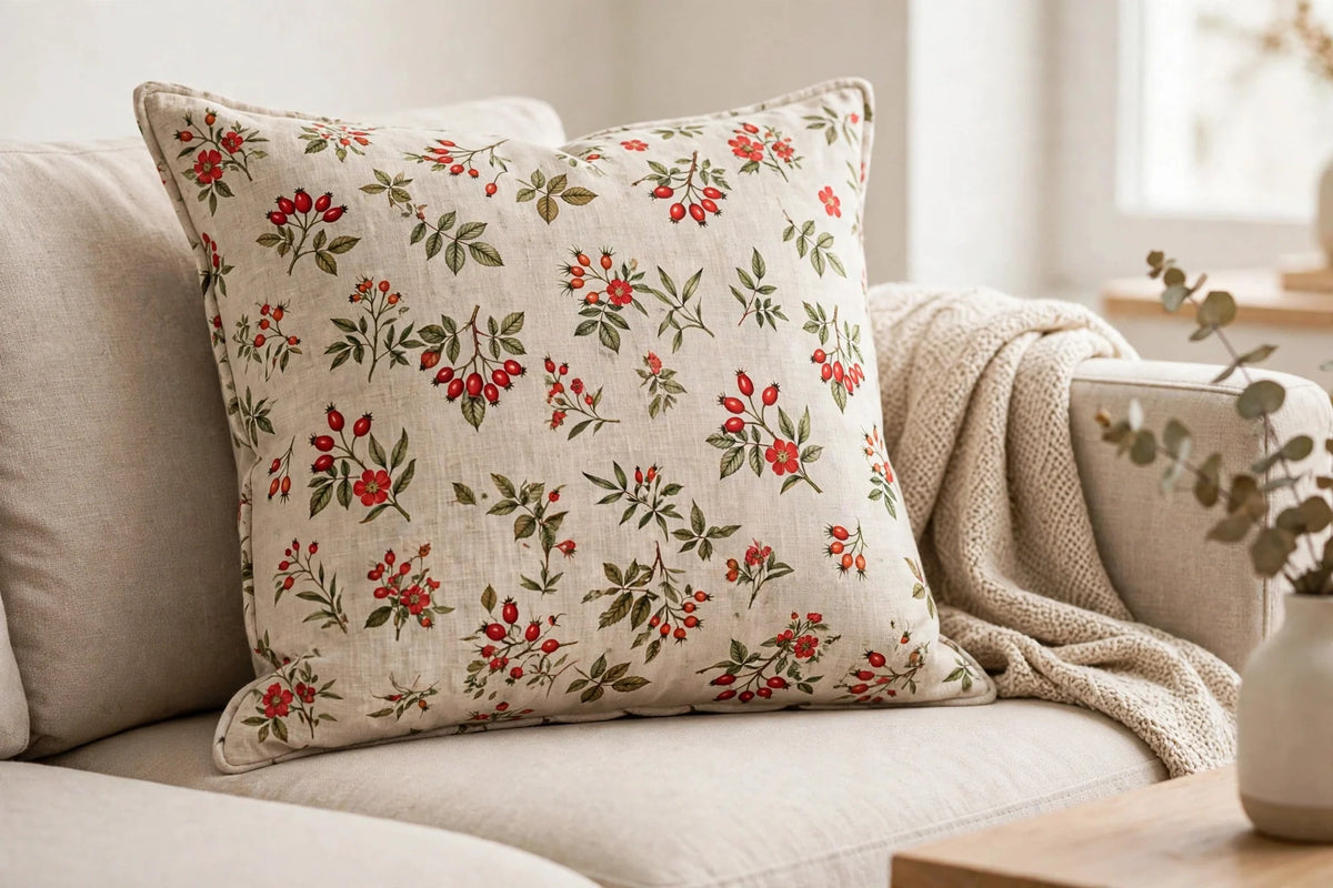Rosehip Floral Linen — Lifestyle cushion view