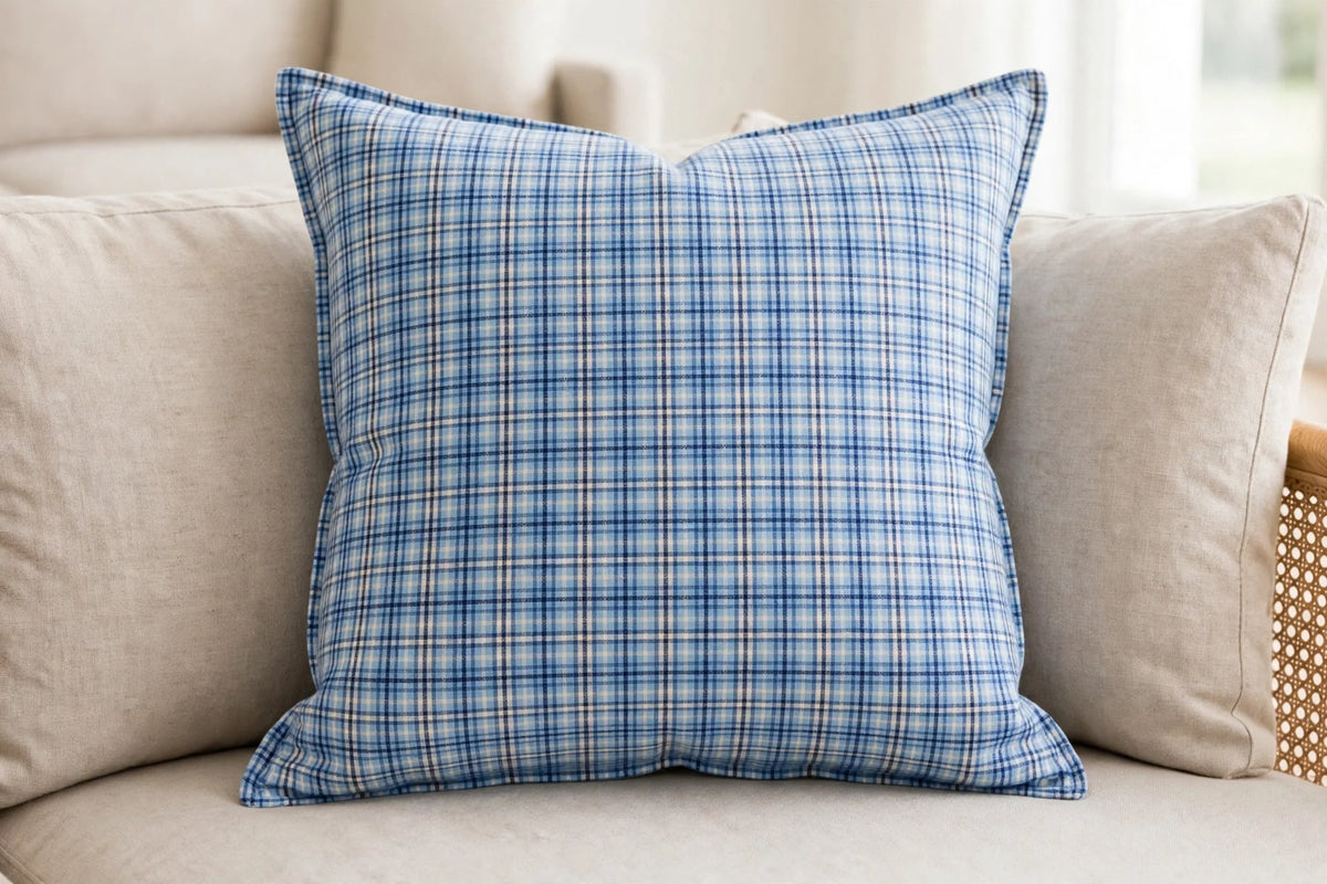 Sky Plaid Cotton — Lifestyle cushion view