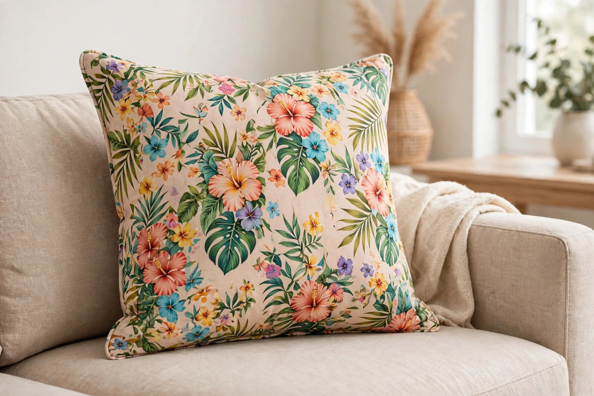 Tropical Floral Rayon — Lifestyle cushion view