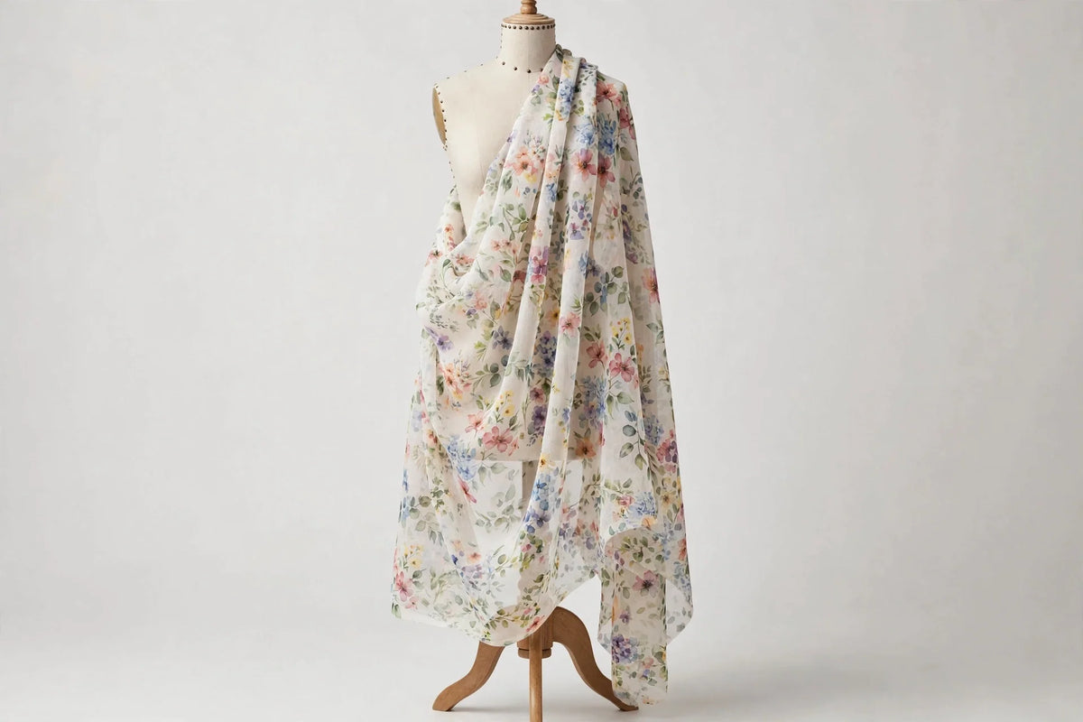 Watercolor Floral Voile — Draped view