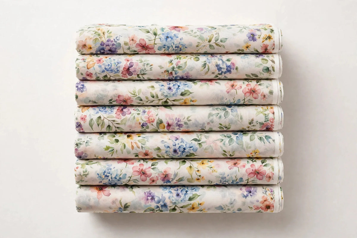 Watercolor Floral Voile — Folded stack view