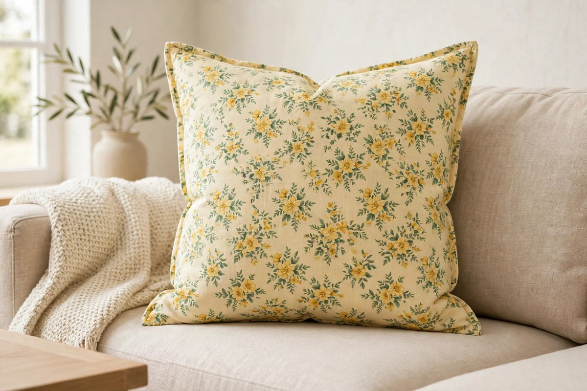 Yellow Floral Cotton — Lifestyle cushion view
