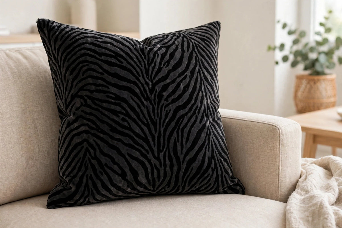 Zebra Nights Velvet — Lifestyle cushion view